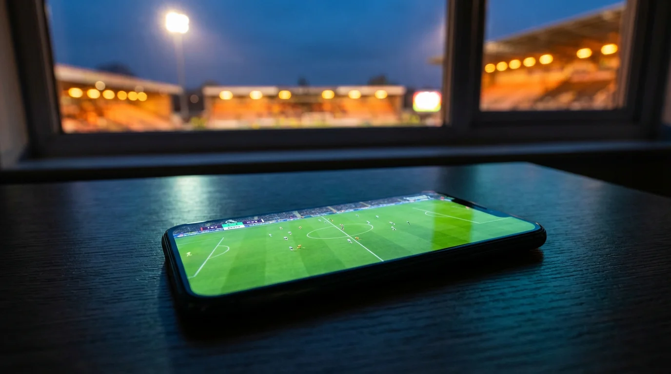 Smartphone appoggiato su un tavolo con uno stadio di calcio illuminato sullo sfondo