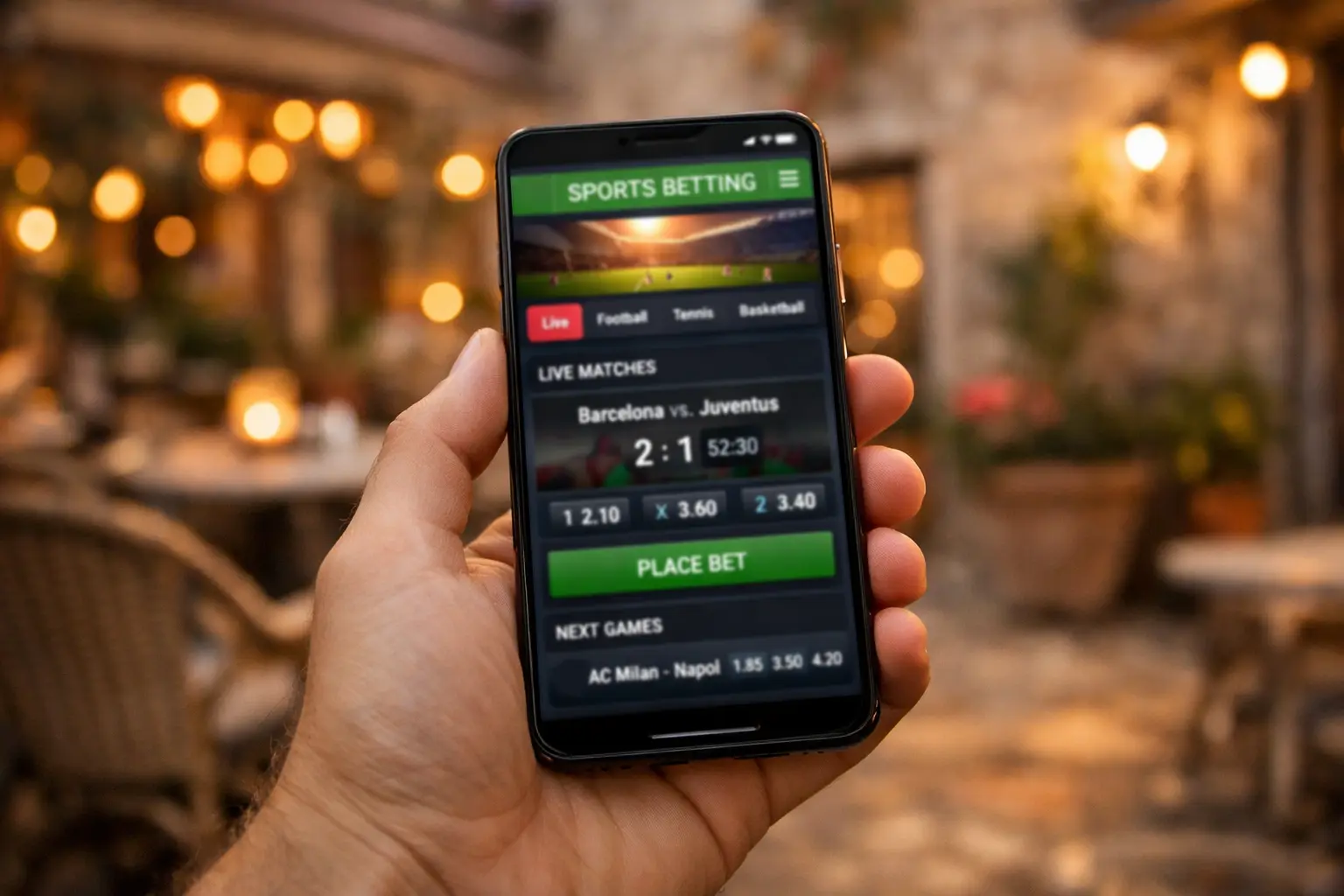 Mano con smartphone che mostra app scommesse calcio