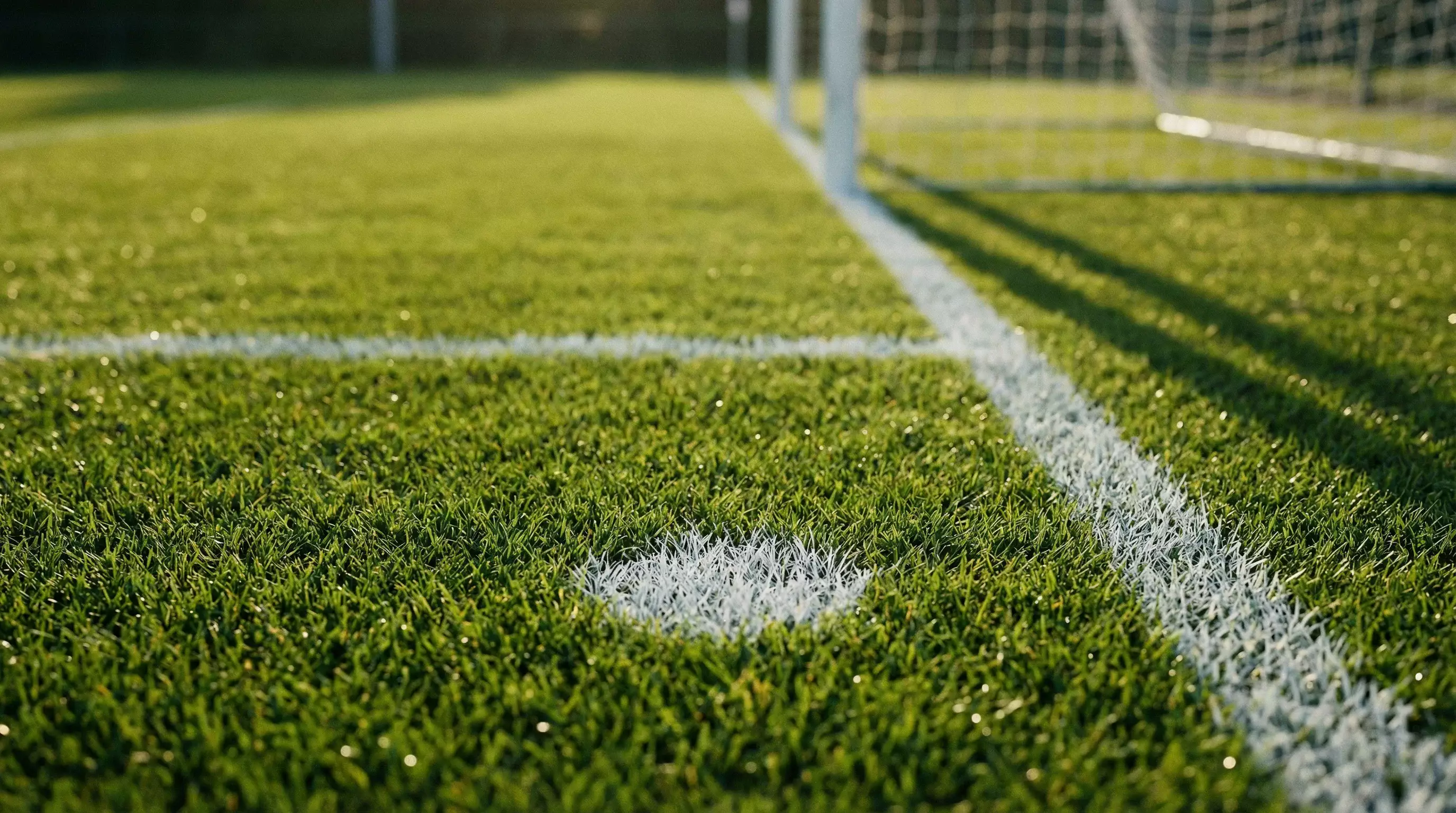 Veduta ravvicinata di un campo da calcio con le linee bianche della porta e del dischetto del rigore