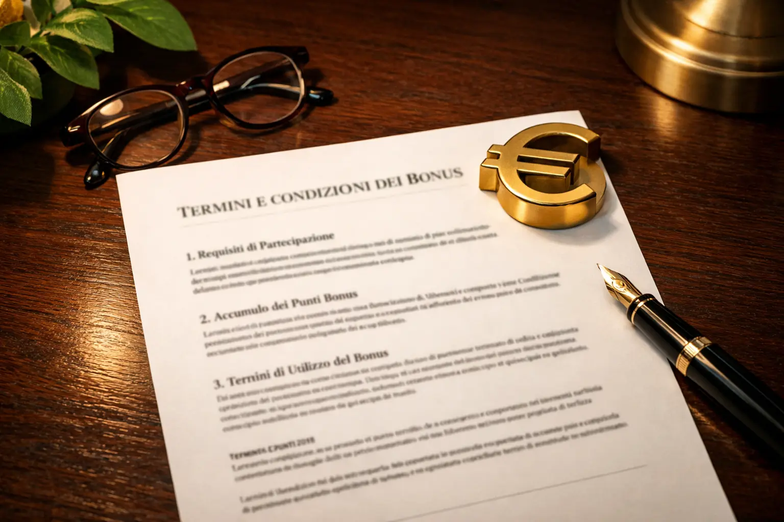 Documento con termini bonus e simbolo euro su scrivania