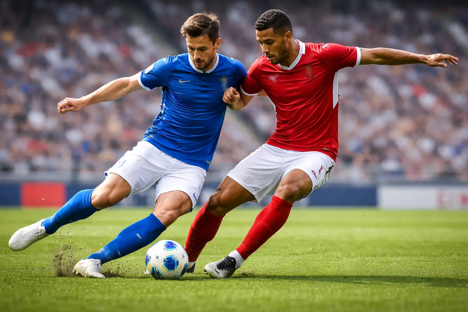 Partita di calcio con giocatori in azione sul campo verde