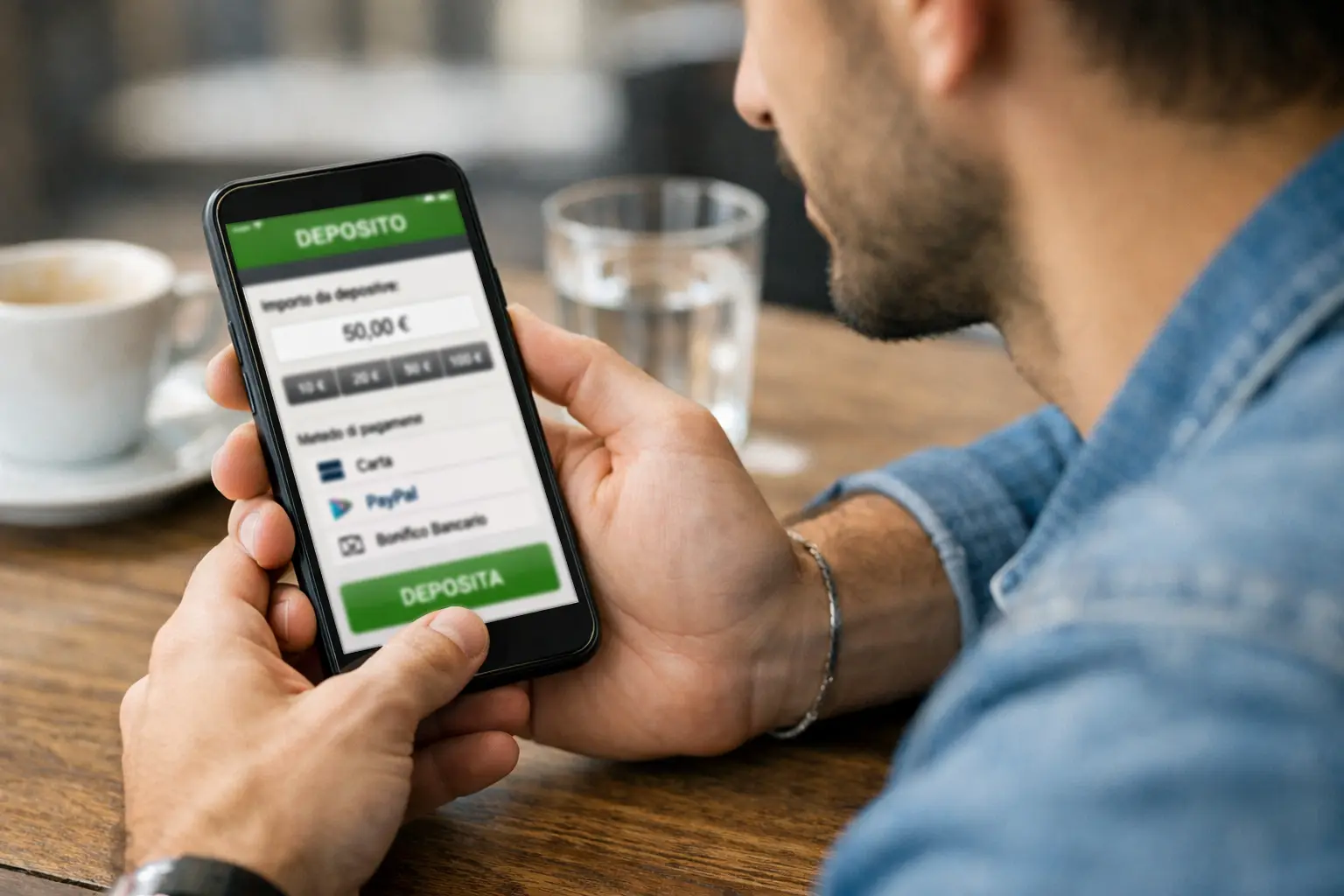 Uomo che effettua un deposito su smartphone con app di scommesse