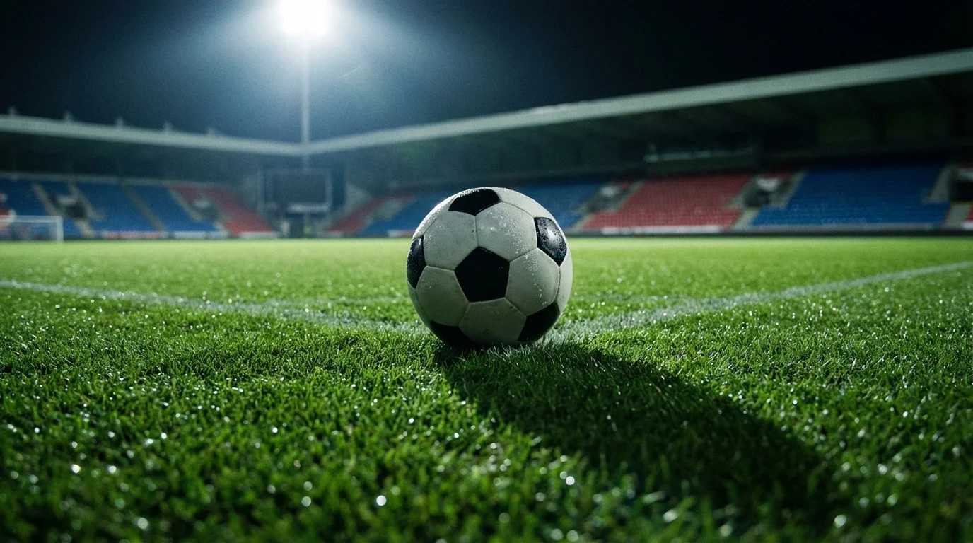 Pallone da calcio su un campo verde illuminato con riflettori dello stadio sullo sfondo