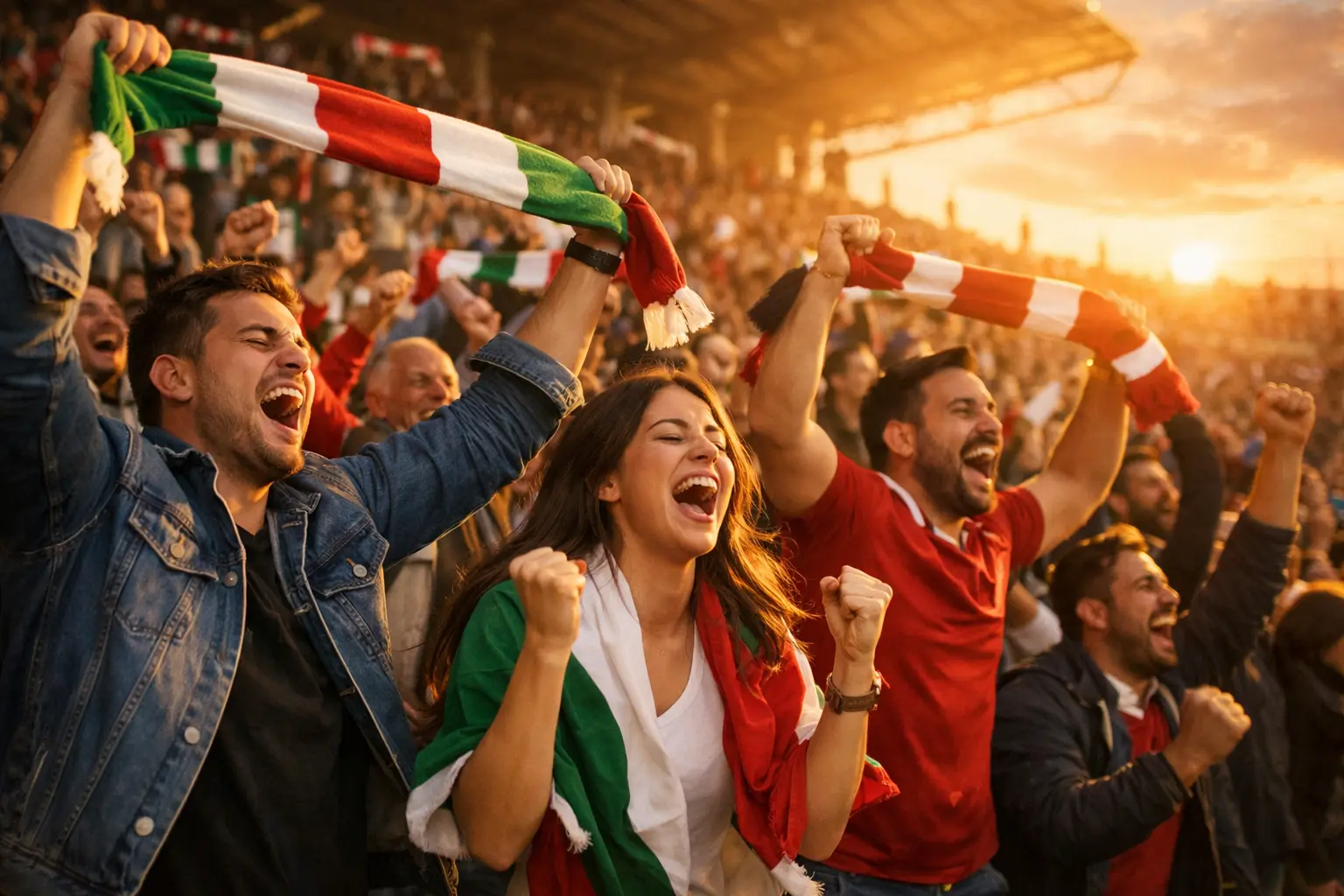 Tifosi di calcio allo stadio che festeggiano durante una partita