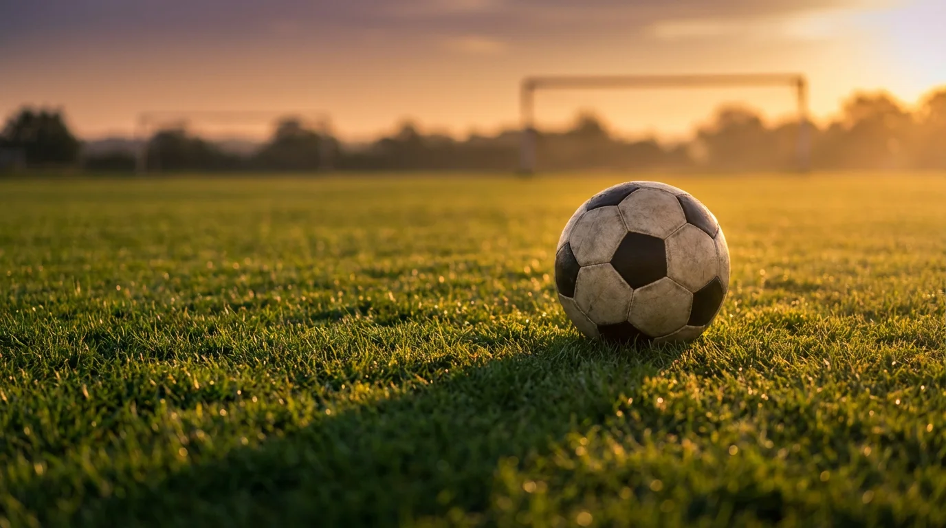 Primo piano di un pallone da calcio posato sull'erba di un campo sportivo al tramonto