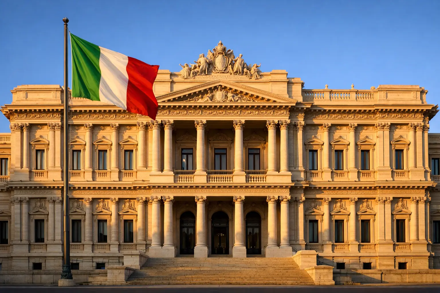 Edificio istituzionale italiano con bandiera tricolore simbolo di legalità