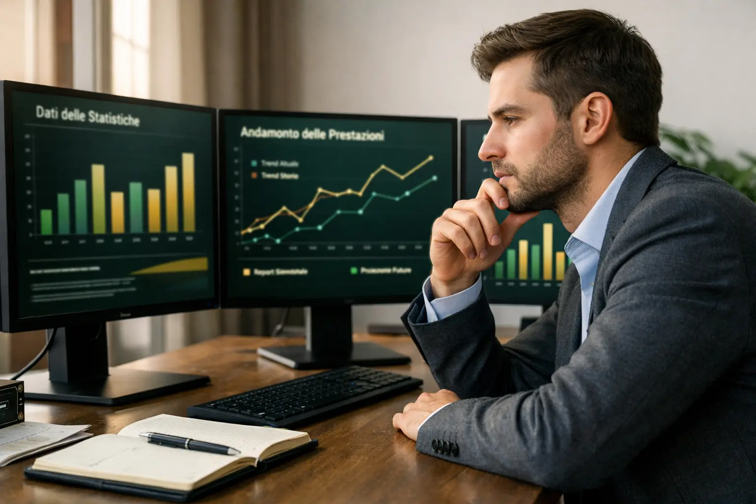 Analista che confronta quote calcistiche su diversi schermi