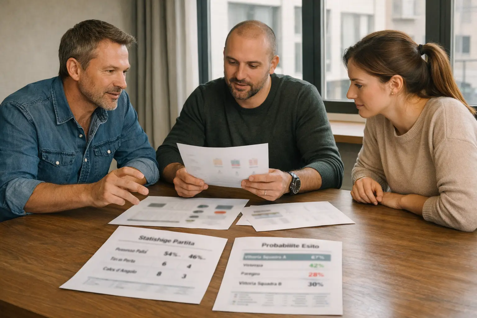 Team di analisti sportivi che elaborano probabilità per partite di calcio