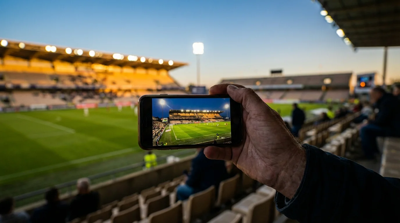 Mano di uno scommettitore che tiene uno smartphone con una partita di calcio sullo schermo in uno stadio