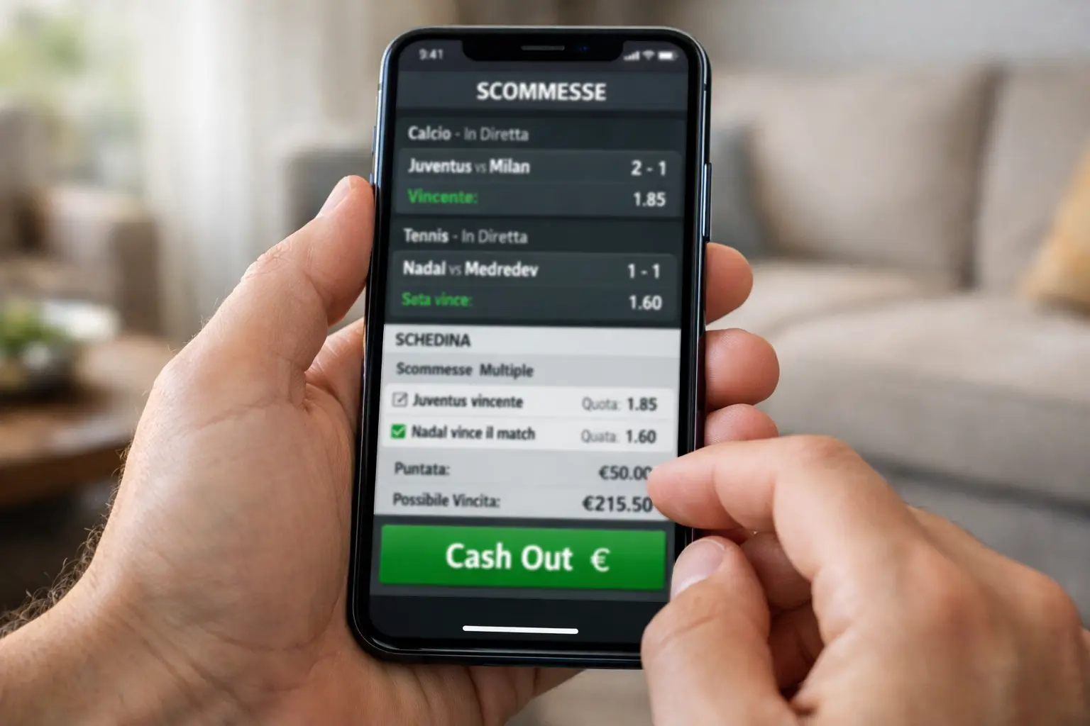 Mani che tengono smartphone mostrando opzione cash out