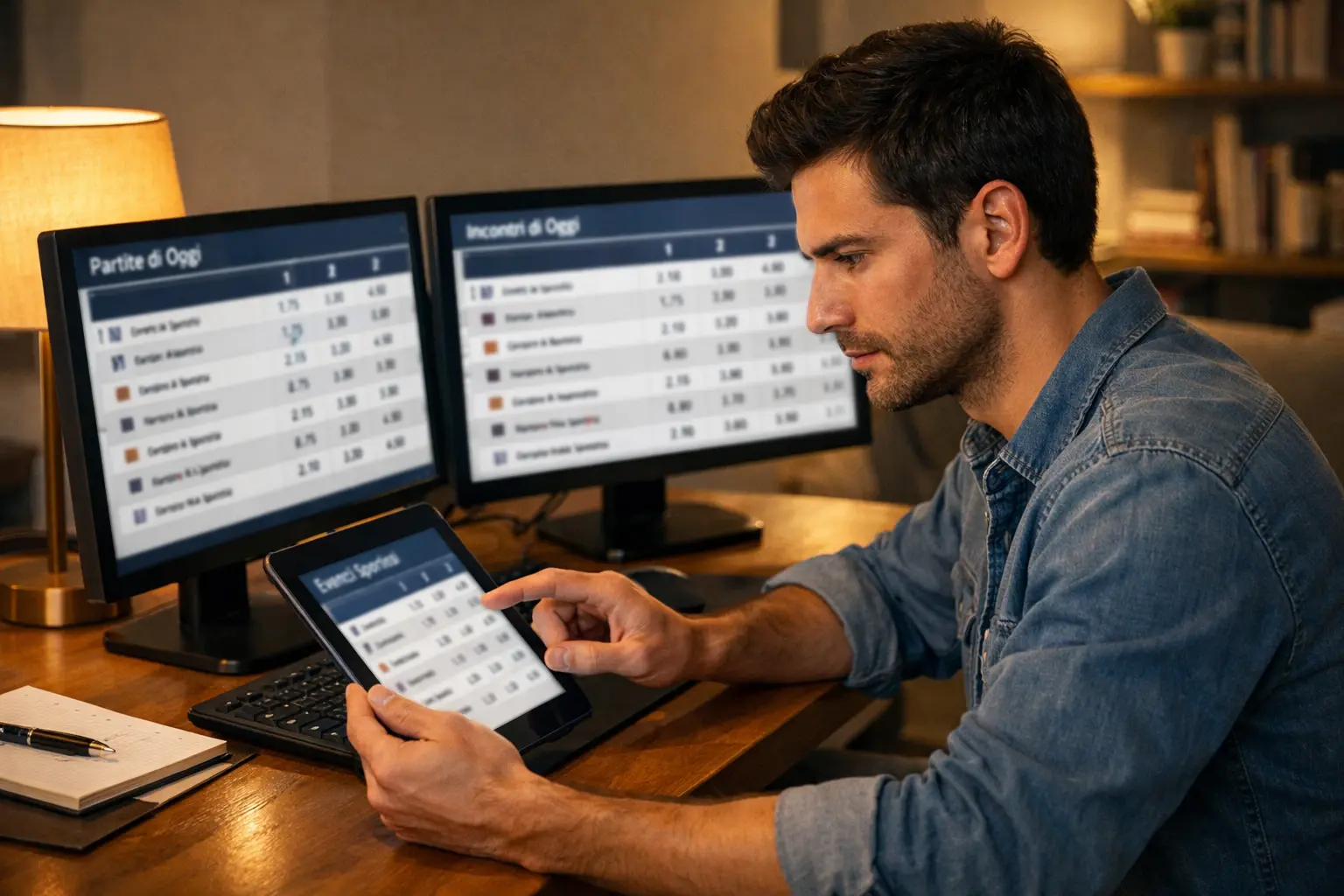 Scommettitore che confronta quote su più schermi di bookmaker diversi