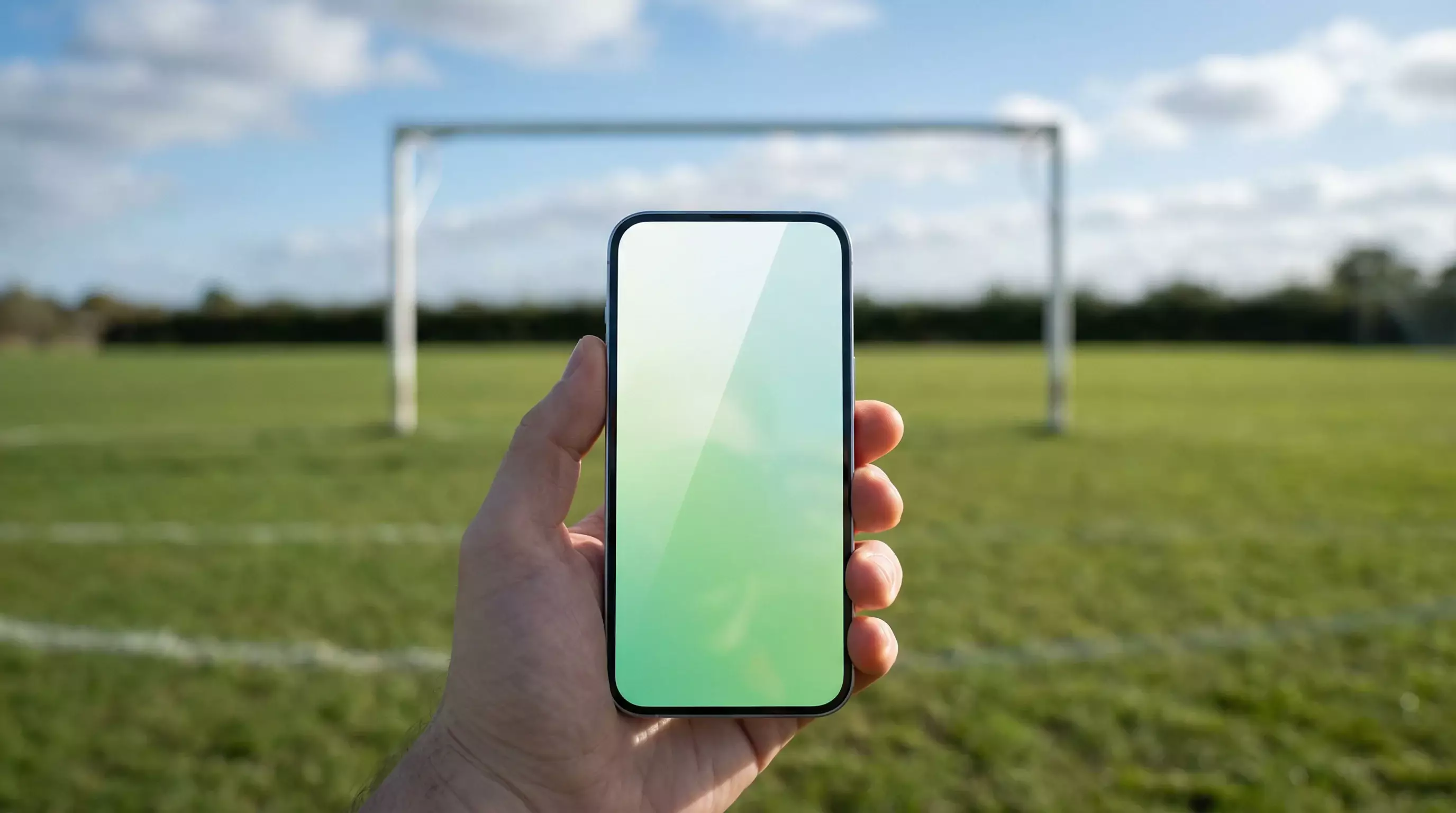 Mano che tiene uno smartphone con lo schermo acceso davanti a un campo da calcio verde