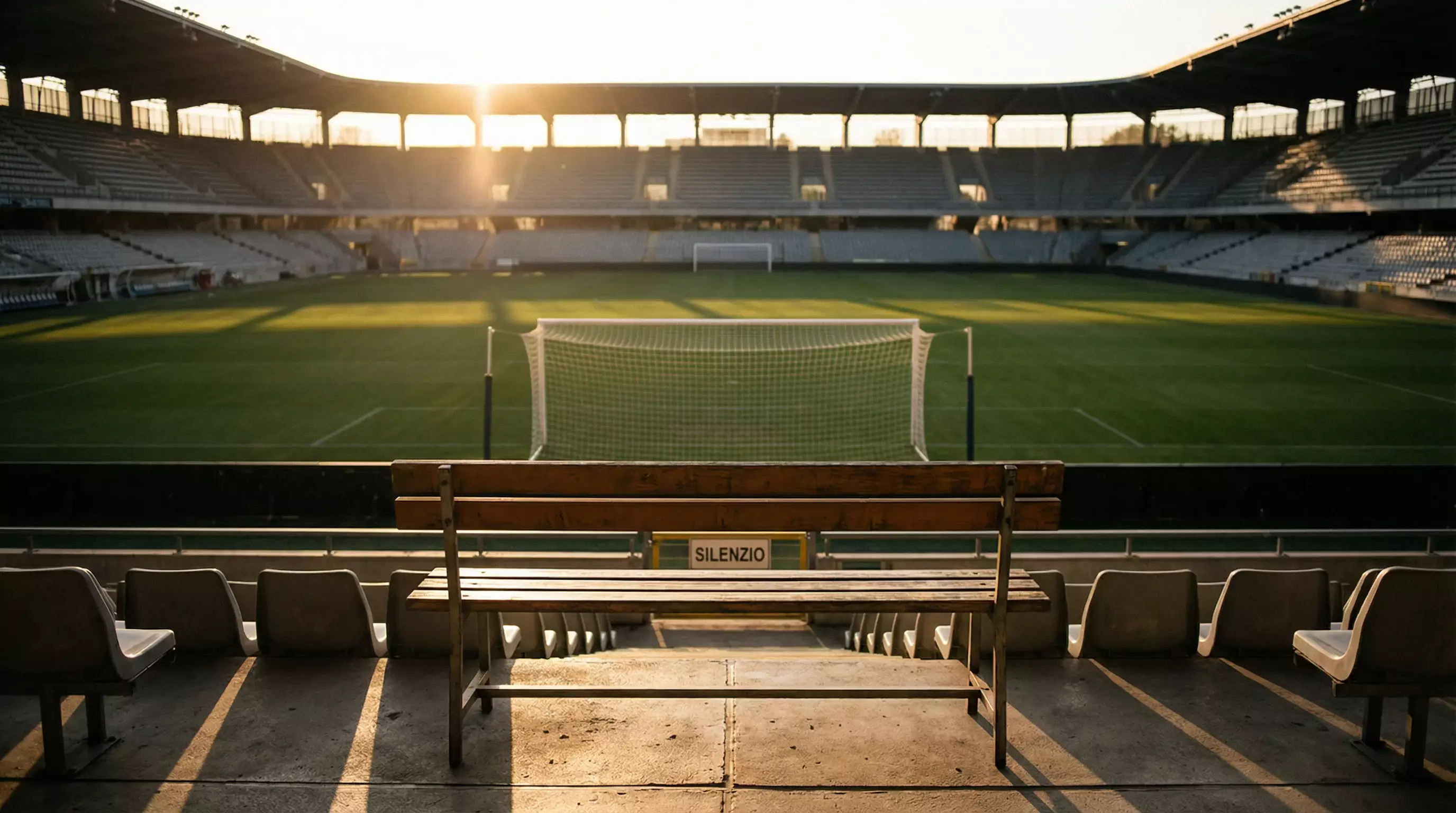 Panchina vuota in uno stadio di calcio illuminato dal sole del tramonto