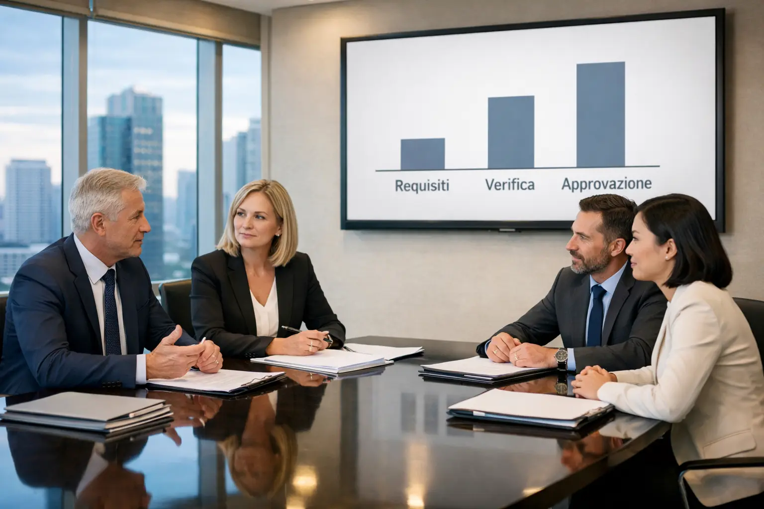 Sala riunioni con dirigenti che discutono requisiti di concessione