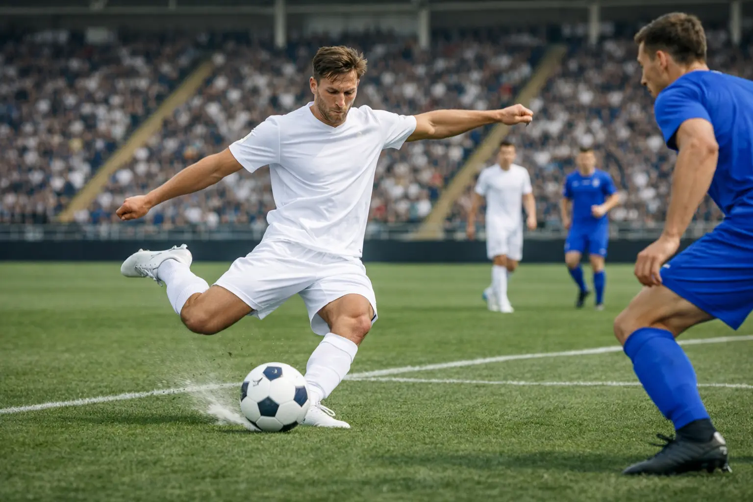 Partita di calcio in corso con azione dinamica sul campo