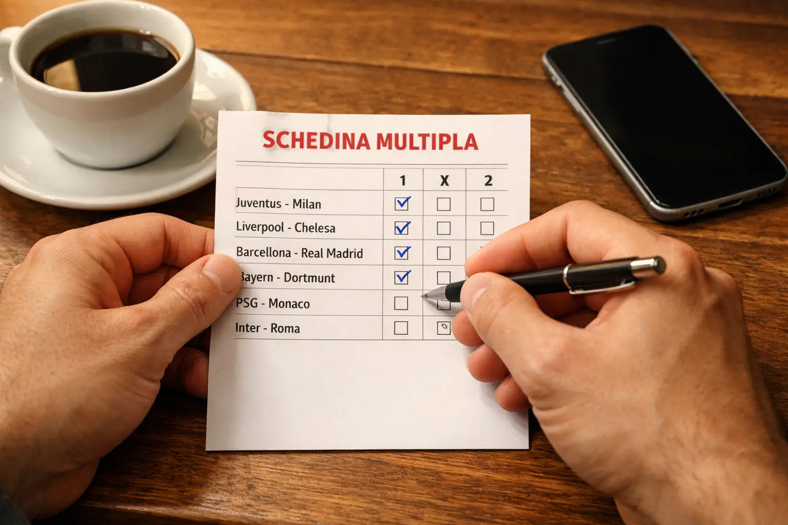 Persona che compila una schedina multipla con partite di calcio