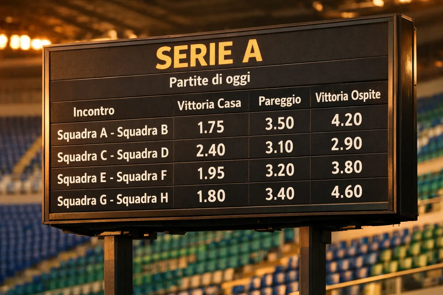Tabellone quote calcio con partite di Serie A in uno stadio