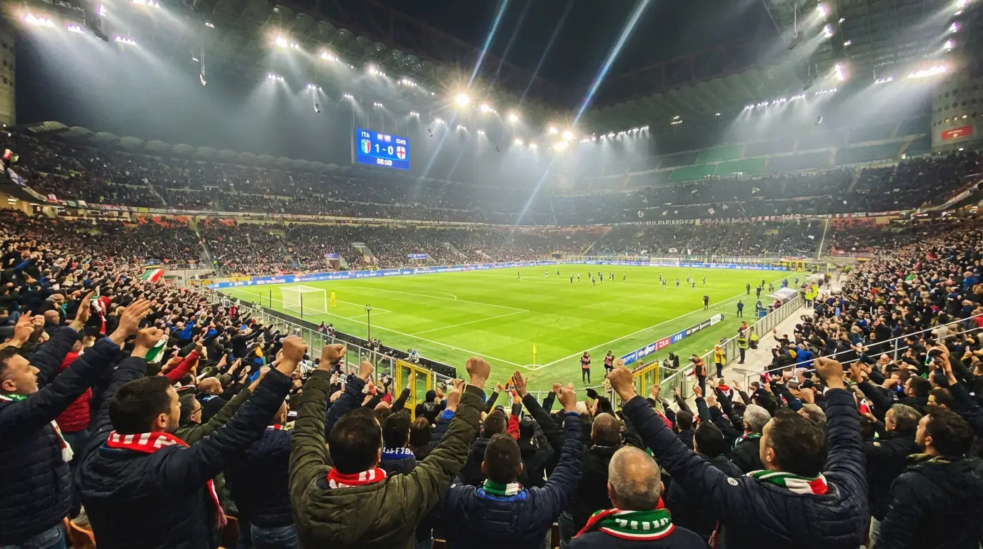Tifosi che guardano una partita di calcio allo stadio con il tabellone del risultato