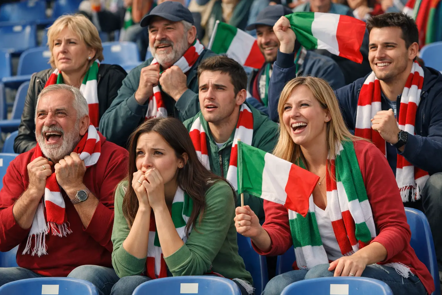 Tifosi che seguono una partita di calcio nello stadio con bandiere