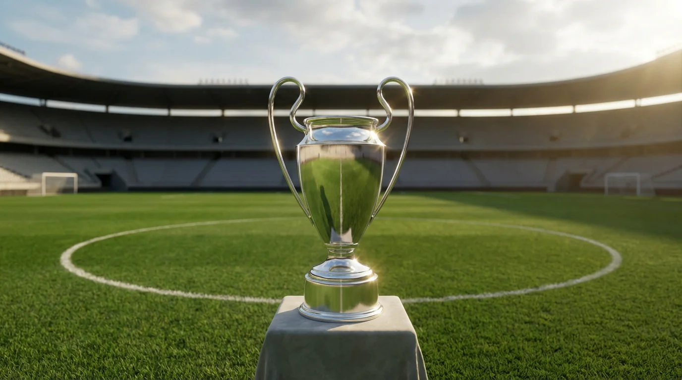Trofeo di campionato su un piedistallo al centro di un campo da calcio vuoto