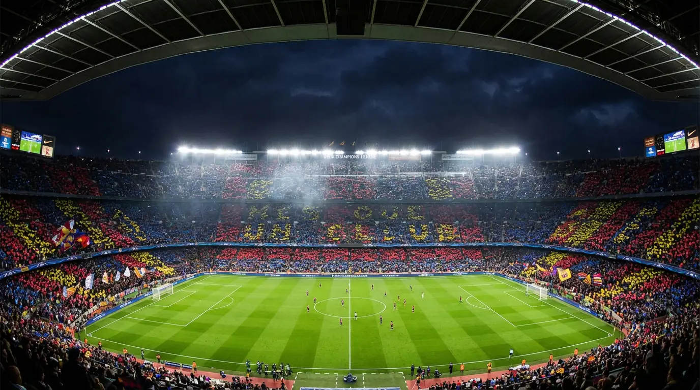 Stadio di calcio europeo illuminato di notte durante una partita di Champions League