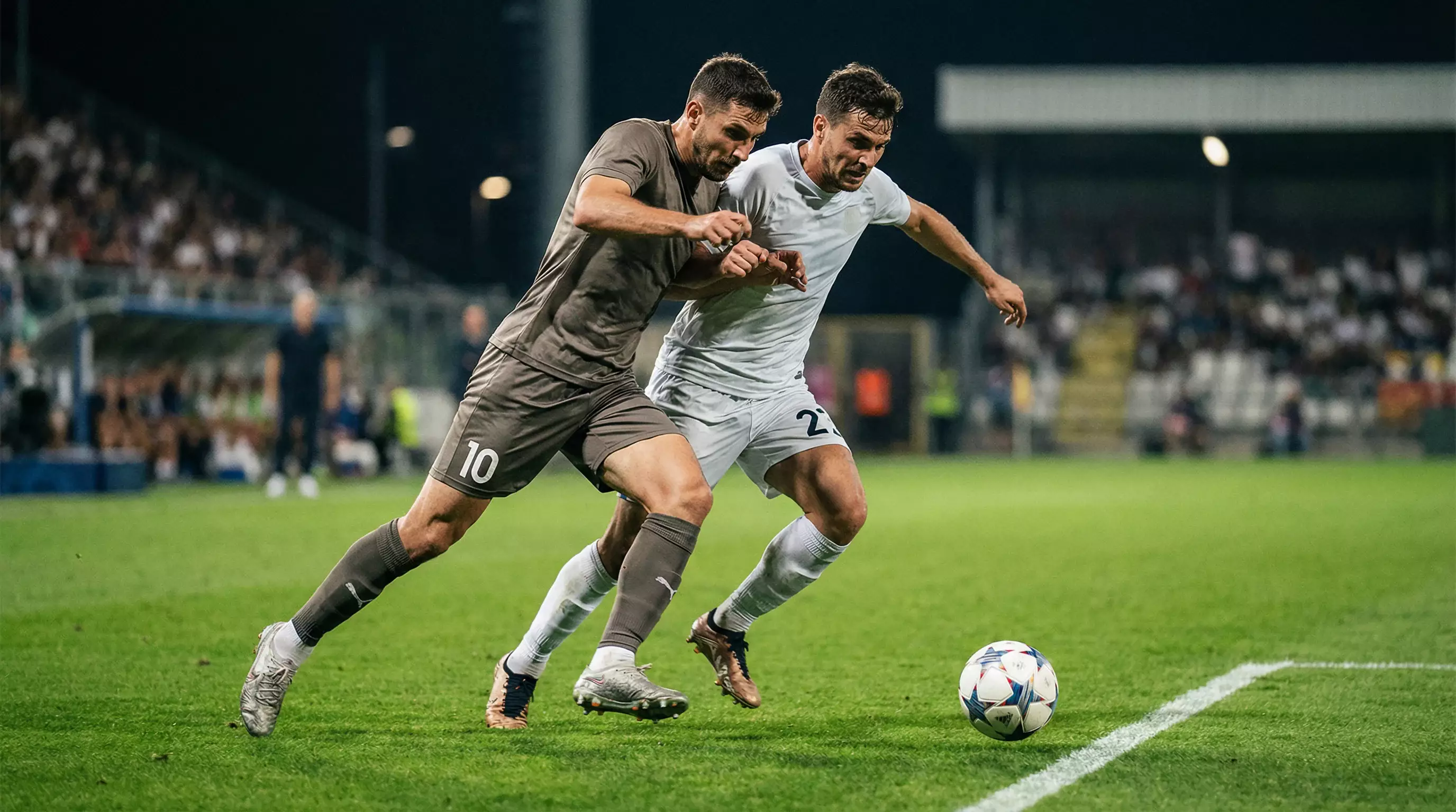 Giocatori di calcio in azione durante una partita serale di Europa League sotto i riflettori