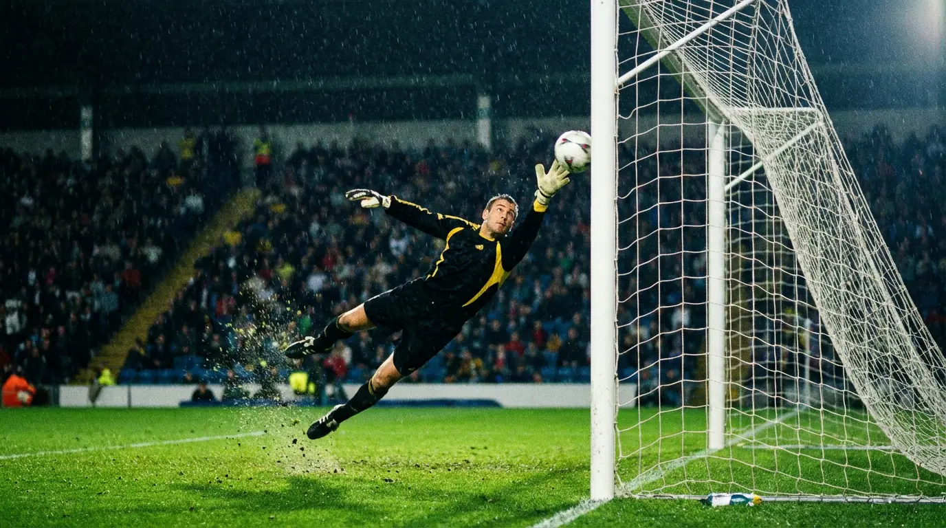 Portiere di calcio in tuffo che para un tiro durante una partita sotto i riflettori
