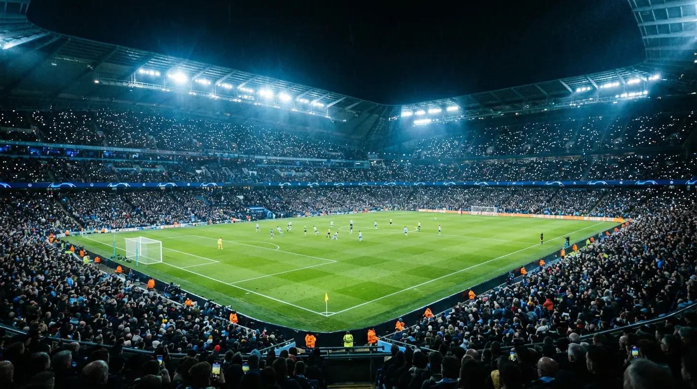 Stadio di calcio illuminato di notte durante una partita in diretta con tifosi sugli spalti