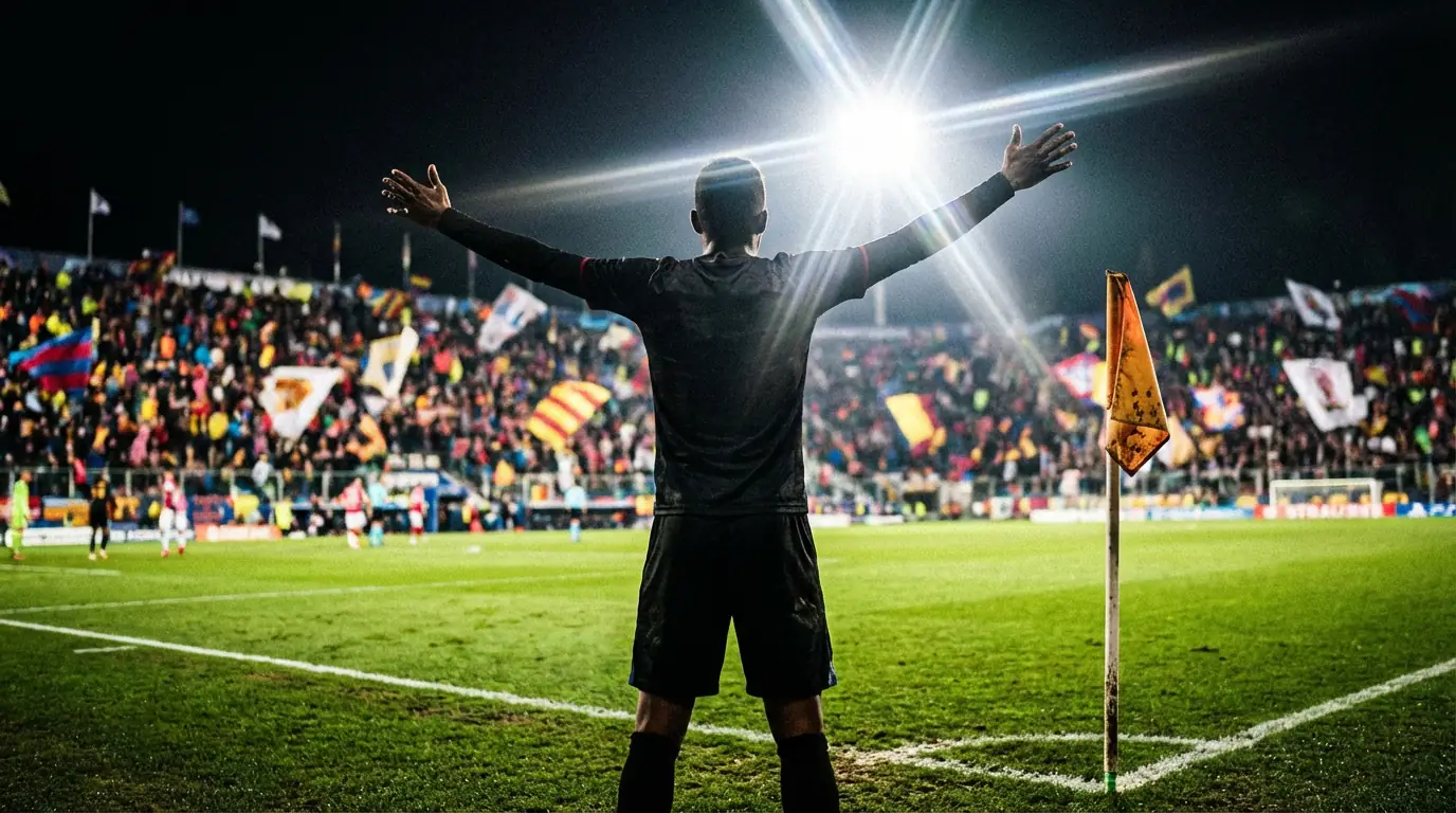 Attaccante di calcio che esulta dopo un gol sotto i riflettori dello stadio di notte