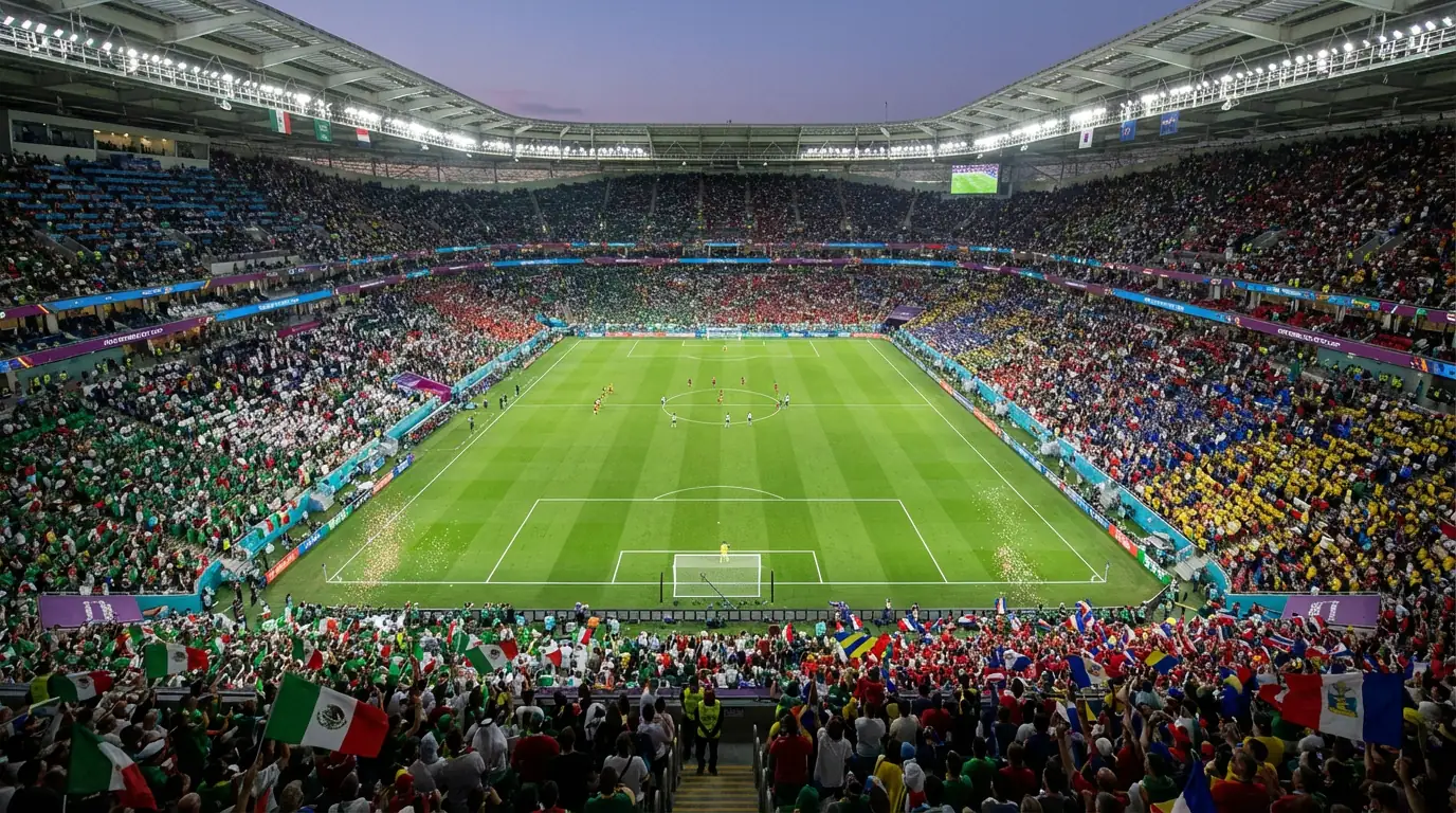 Stadio di calcio gremito di tifosi con bandiere nazionali durante una partita dei Mondiali