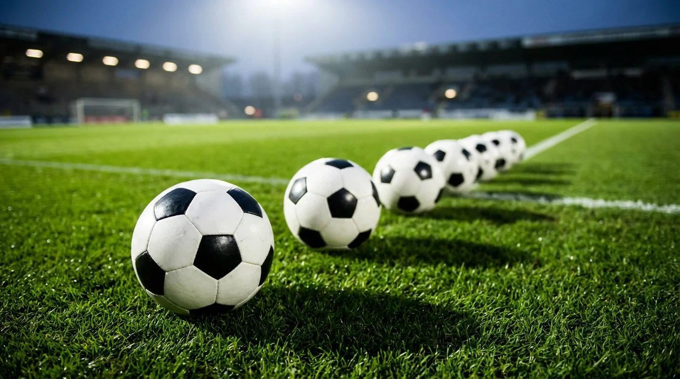 Diversi palloni da calcio allineati su un campo verde sotto la luce dei riflettori