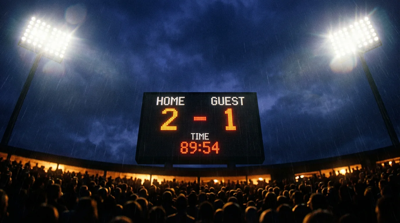 Tabellone segnapunti di uno stadio di calcio che mostra il risultato durante una partita serale