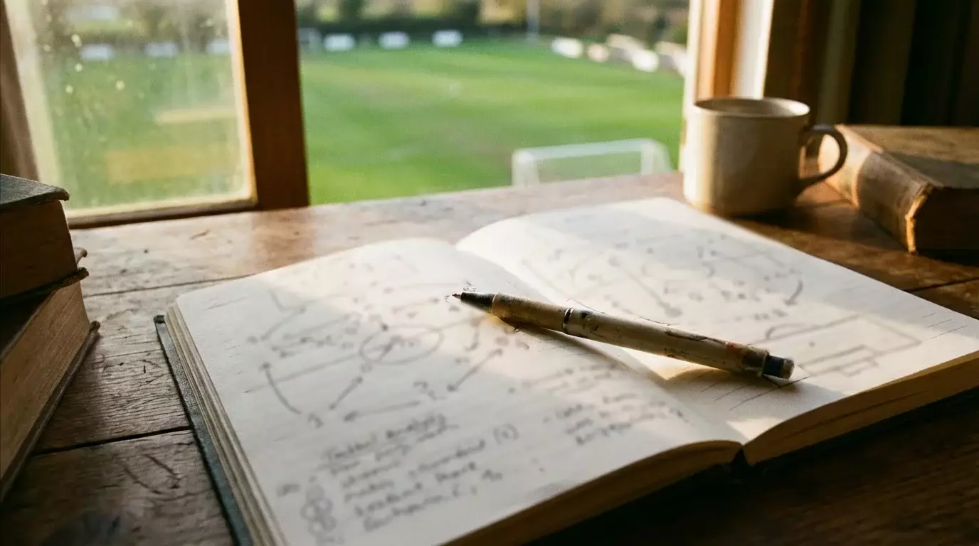 Quaderno aperto con appunti e una penna su un tavolo accanto a un campo da calcio sfocato