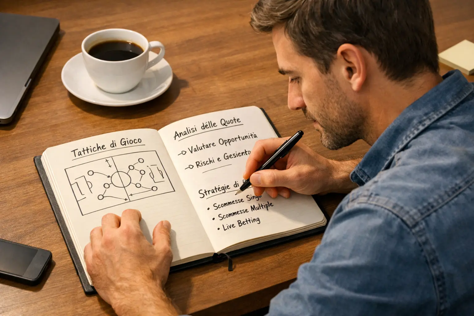 Uomo che pianifica le scommesse con notebook e appunti