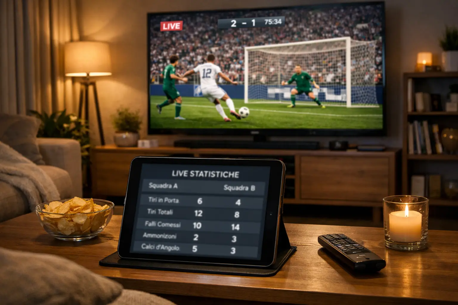 Setup con TV che trasmette partita e tablet con statistiche