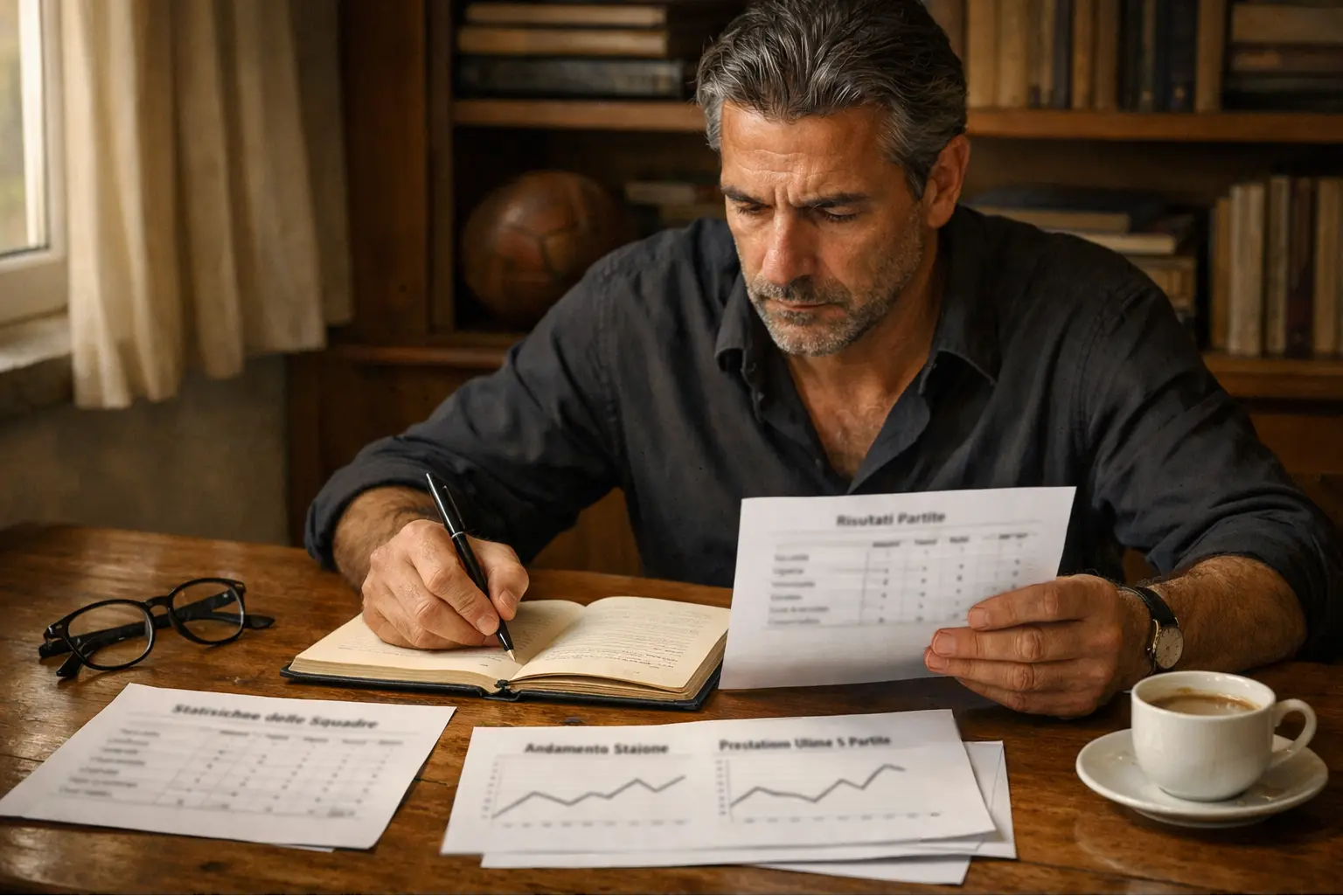 Esperto di scommesse che analizza documenti con statistiche calcistiche